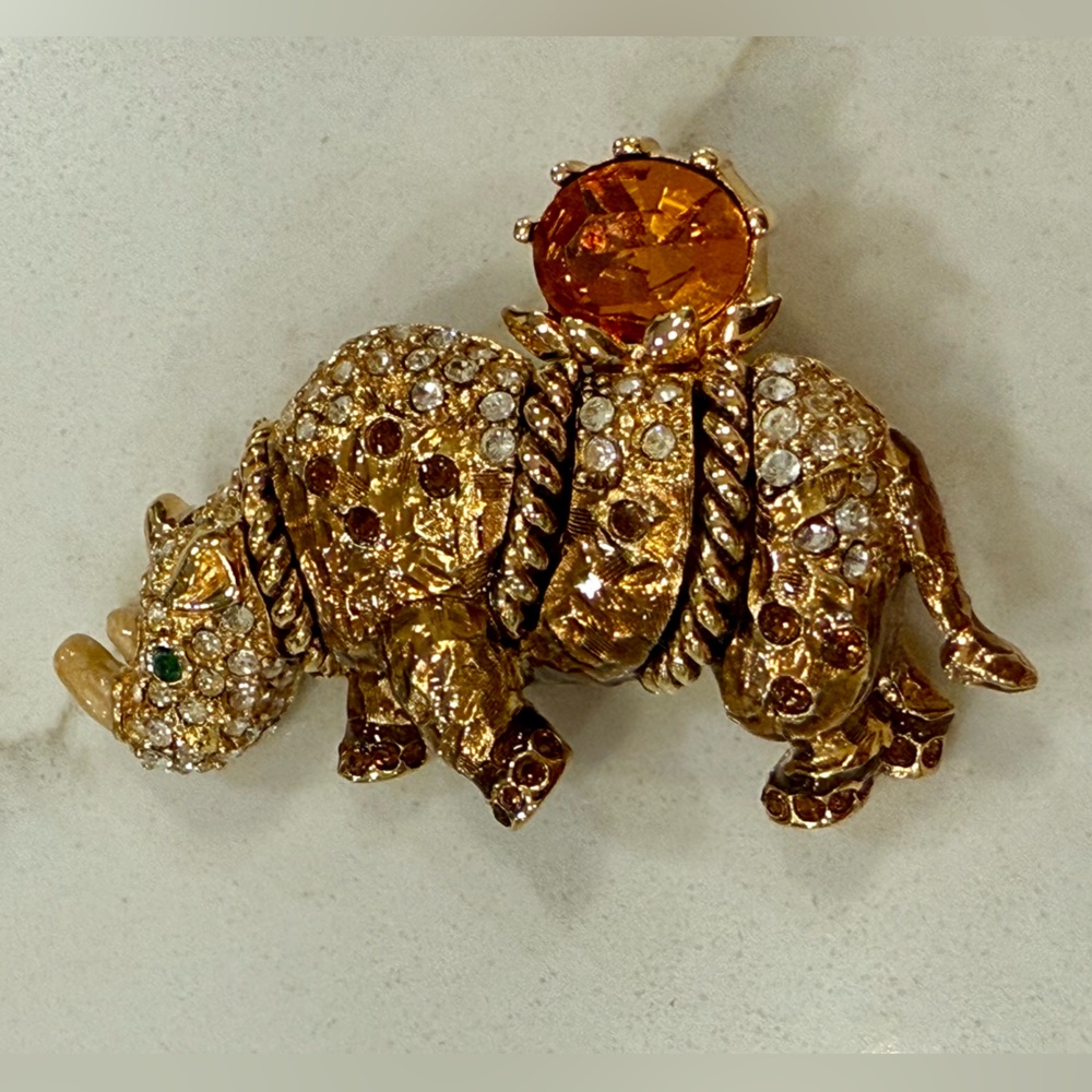 Authentic St. John Jeweled Gold Rhinoceros Brooch with Orange Gem